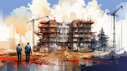 An image of a house under construction and builders, a concept for a new office or modern residence