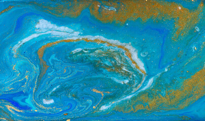 Liquid Flow of Gold and Blue Paint Pattern