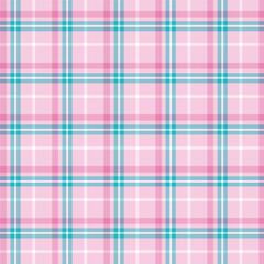 Seamless plaid and checkered patterns in turquoise pink and white for textile baby and kid's design. Tartan plaid pattern graphic background for a fabric print. Vector illustration.