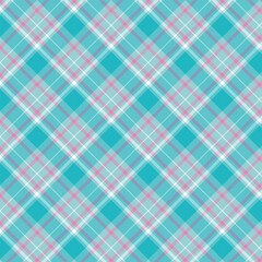 Seamless diagonal plaid and checkered patterns in turquoise pink and white for textile baby and kid's design. Tartan plaid pattern graphic background for a fabric print. Vector illustration.