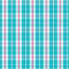Seamless plaid and checkered patterns in turquoise pink and white for textile baby and kid's design. Tartan plaid pattern graphic background for a fabric print. Vector illustration.