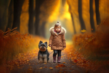 Happy child on autumn walk with dog in park