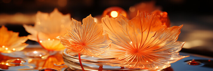 Leuchtende kunstvolle Blüten in orange am Wasser mit Spiegelung Nahaufnahme als Banner im Querformat, ai generativ