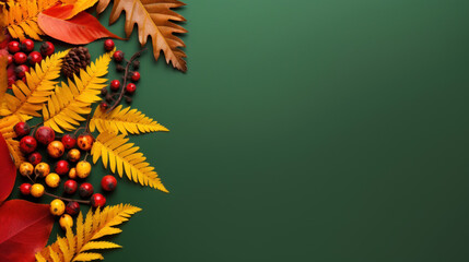Frame of colorful red and yellow autumn leaves with cones and rowan berries on trendy green background. First day of school, back to school, fall concept