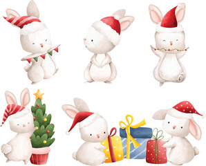 Watercolor Illustration set of Christmas rabbit with Christmas ornaments