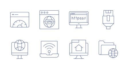 Internet icons. Editable stroke. Containing speedometer, vpn, domain, lan, website, wifi, homepage, network.