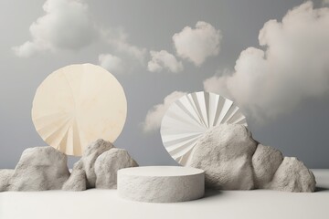 premium podium product clouds illustration natural background gray stone grey beige 3d beauty splay render abstract copy trendy set banner mockup fan rock cosmetics paper 3d pedestal space - obrazy, fototapety, plakaty