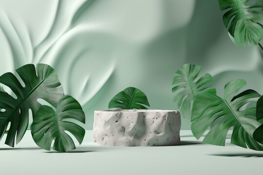premium podium pastel leaf jungle white grey stone exotic leaves 3d cosmetics pedestal mockup 3d monstera beauty splay render green tropical background rock abstract illustration natural palm