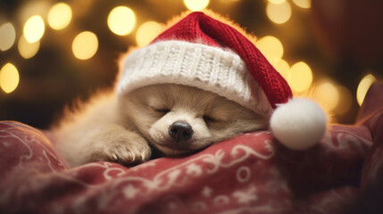 Fototapeta na wymiar Cute baby bear in santa hat sleeping on white sheet, Christmas blurred background