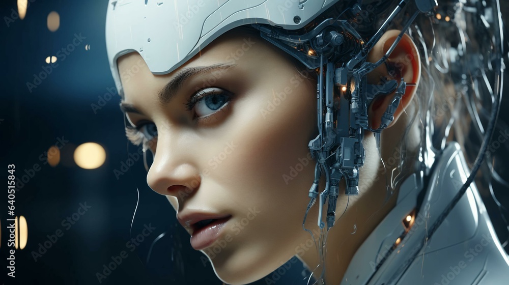 Poster connection of human woman and artificial intelligence robot. the concept of merging a person and a c