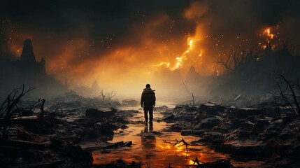 Fototapeta premium A man stands on the ruins during a fire after the fighting in the war, the view from the back