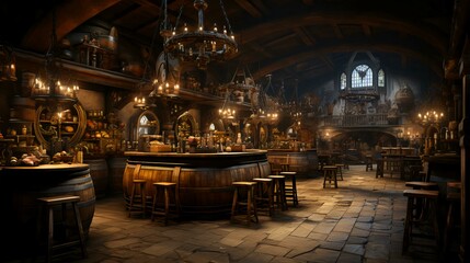 Fototapeta na wymiar Wine bar tavern with wooden oak barrels with beer and wine