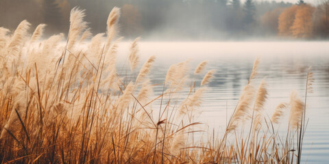 Obraz premium Diffused light of a misty autumn afternoon, this image showcases a serene lake surrounded by tall grasses, their golden heads swaying gently in the breeze