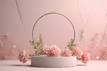 premium podium lily Beauty stone background golden rose stage grey minimal dahlia floral cosmetic spring mock japanese pedestal flower promotion pedestal pink Product Twist Natural green - obrazy, fototapety, plakaty