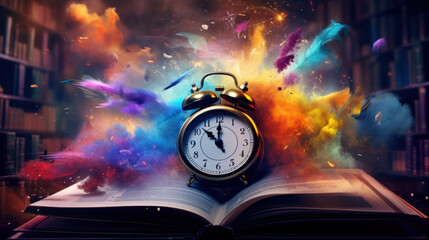 Alarm clock with book, colorful glowing smoke explosion, fantasy background