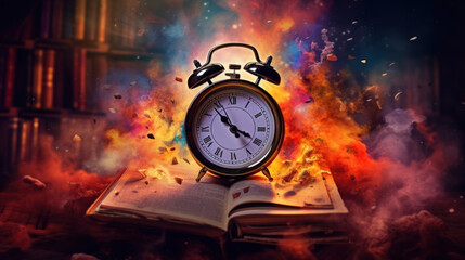 Alarm clock with book, colorful glowing smoke explosion, fantasy background - obrazy, fototapety, plakaty