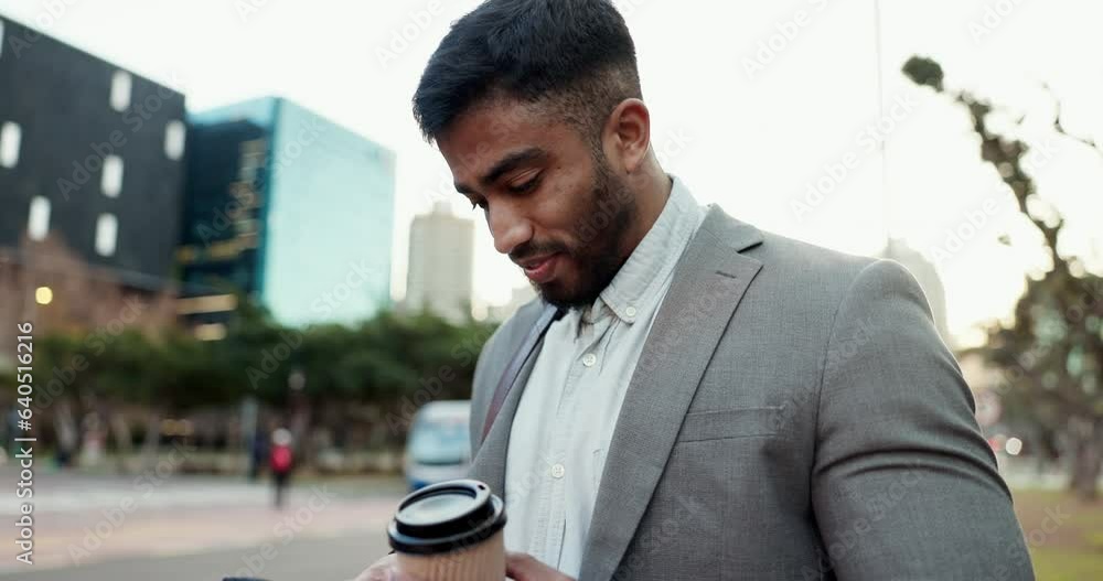 Poster Business man, coffee cup and smartphone in city for typing on social network, notification and digital contact. Indian worker, drink and reading news app, mobile communication and cellphone in street