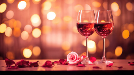 Romantic concept. Two glasses of vine with pink rose petals with golden bokeh background. Valentine's day banner. Celebration with wine and red rose.