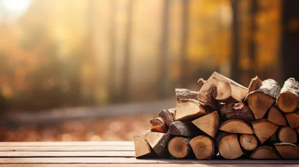 Foto op Canvas Stack of firewood grey wooden table, autumn bokeh blurred background, copy space © tashechka