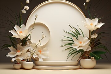 premium podium stage stand beige jasmine empty minimal showcase floral pedestal background product splay