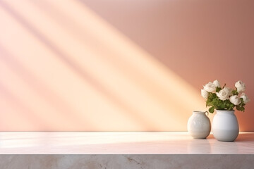marble counter table with sunlight and vase. Mock up template for product presentation