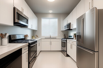 Modern, bright, clean, kitchen interior with stainless steel appliances in a luxury home. Modern kitchen interior