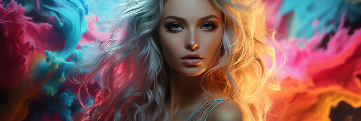 Fototapeta premium Blondes hübsches Model Gesicht mit Holifarben Explosion im Hintergrund im Querformat für Banner, ai generativ