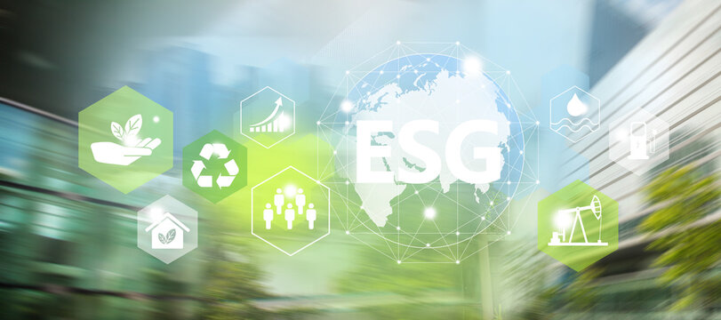 Technology and renewable resources concept. Ecology icons with ESG sign and planet Earth illustration.Motion blur of urban city background.