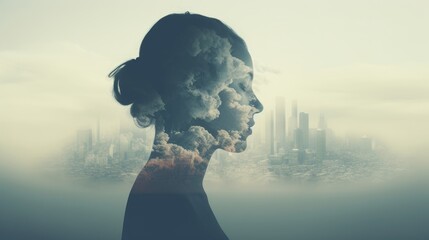 Air pollution, global warming, greenhouse gas concept, woman's head, and polluted city double exposure, smoke inside human head, generative ai