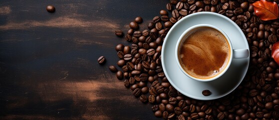 coffee cup and beans on a wooden tabletop close-up overhead shot, copy space for text, generative ai