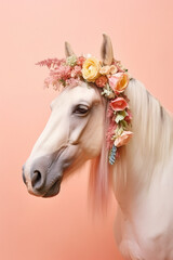 Portrait of horse with flowers on pastel background