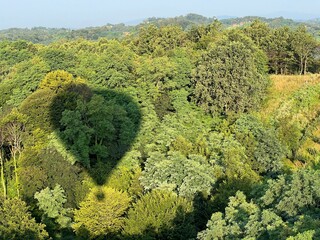 View of forests, fields, villages and Zagorje hills, during a panoramic balloon flight over...