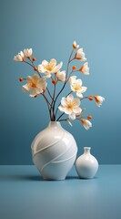 Close up of sprigs in small white vase on side table against neutral wall background