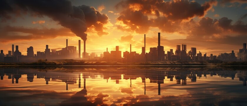 Sunrise over the city skyline, industrial smoke air and water pollution, generative ai.