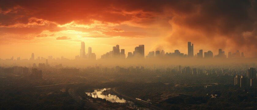 City skyline Industrial pollution, barren lands, industrial toxic wastage, air and land pollution, and global warming concept illustration. generative ai
