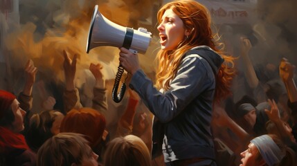 A woman raised her voice over a megaphone, leadership, protestor, freedom speech, peaceful protest concept illustration, generative ai - obrazy, fototapety, plakaty