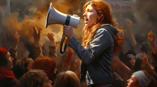 A Woman Raised Her Voice Over A Megaphone, Leadership, Protestor, Freedom Speech, Peaceful Protest Concept Illustration, Generative Ai