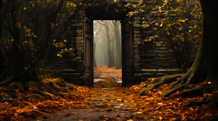 A door of an old abandoned house in the woods - autumn - peak leaves 