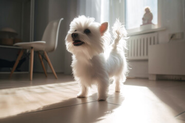 Playful Maltese Puppy Curiously Engaging in Studio Environment