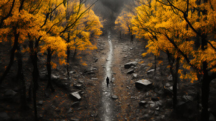 Obraz premium A man walking down a train in the woods - drone footage - overhead shot - autumn - peak leaves