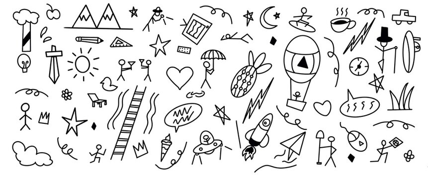 hand drawn doodles vector,The design is about people with different styles,people,heart,thunder,sun,
moon,mountain.