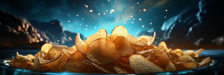 Goldene Kartoffelchips flippiges Motiv mit wunderschönen Hintergrund in Querformat als Banner, ai generativ