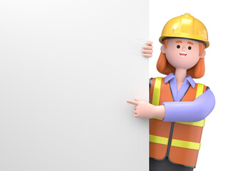 3D illustration of Female engineer Pam pointing finger at blank presentation or information board. Close up portrait of cute cartoon smiling businessman with advertising placard.
