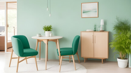 Mint color chairs at round wooden dining table in room with sofa and cabinet near green wall. Scandinavian, mid-century home interior design of modern living room.