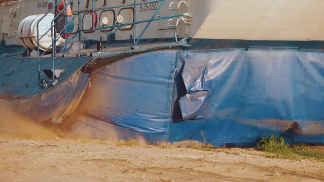 Nizhny Novgorod, Russia, August 10, 2023. Hovercraft starts, svp, hovercraft starts moving on sand, hovercraft