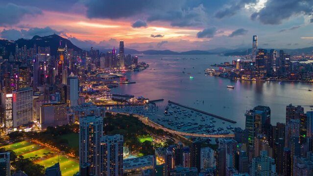 Aerial hyperlapse, dronelapse video of Hong Kong city at night