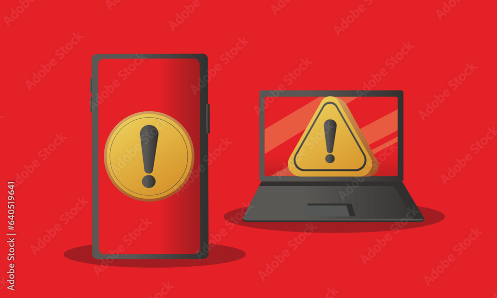 Poster warning alarm messages on laptop and smartphone screens dangerous error alert.on red background.vect