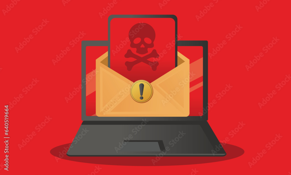 Poster laptop with envelope and skull on screen virus concept, piracy, hacking.on red background.vector des