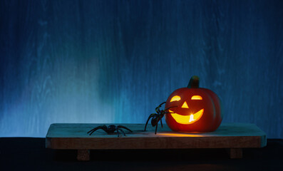 halloween decorations with pumpkin on dark wooden background