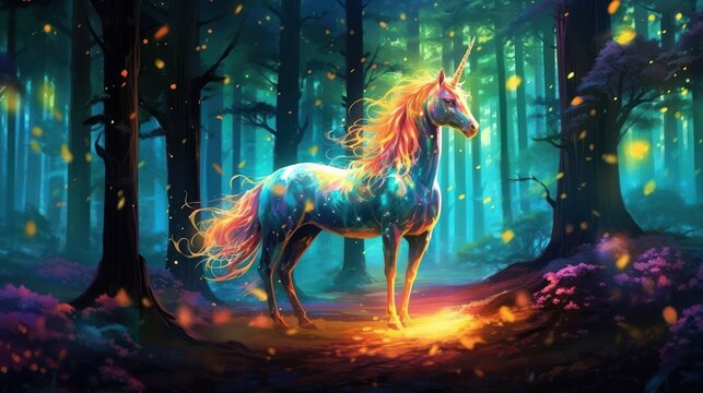 Abstract wallpaper of shining light unicorn in the magical forest, high quality ultra hd 8k 